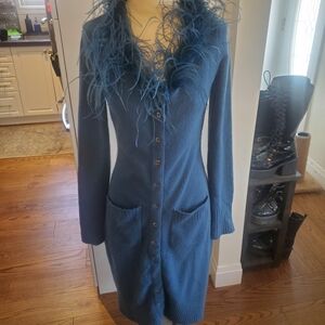 🌹SOLD🌹Betsey Johnson Large Blue Teal Feather Trim Long Button Dress Cardigan